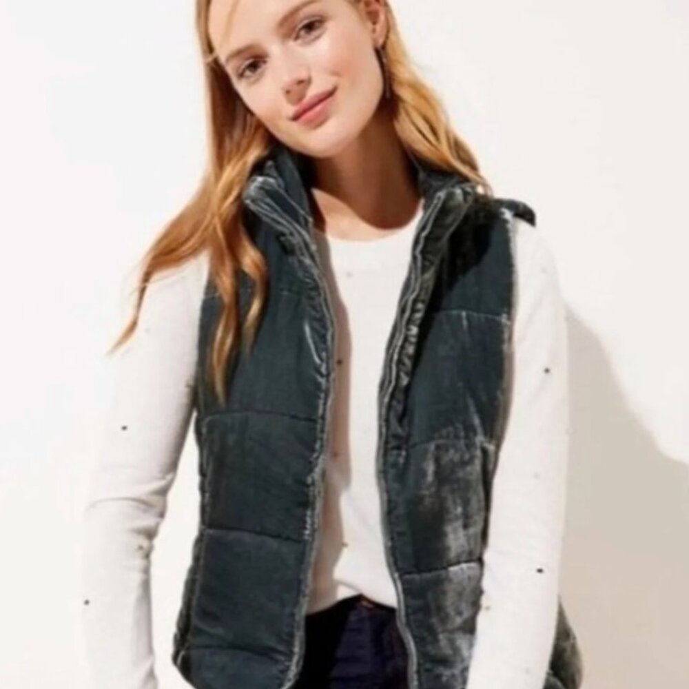 LOFT Green Velvet Puffer Vest
